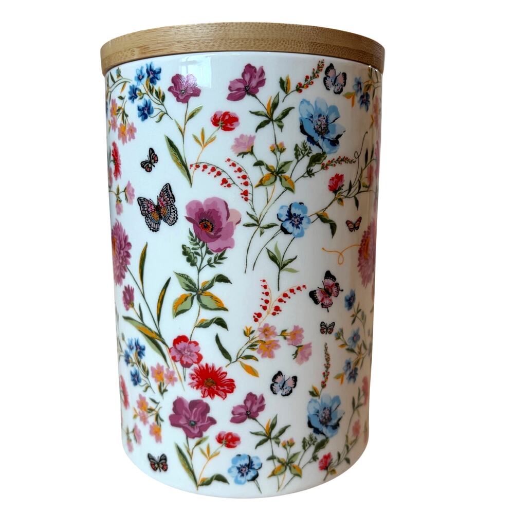 Grace Teaware Porcelain Canister w/ Wooden Lid Spring Floral Butterflies 8in NEW - Picture 14 of 15